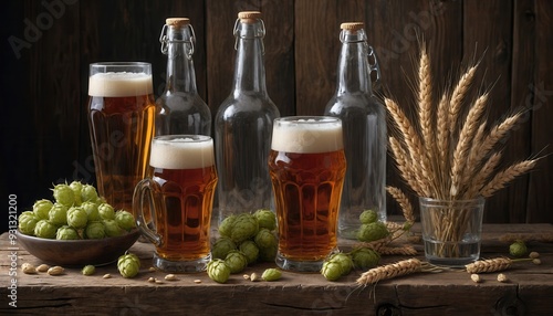 A rustic arrangement of beer glasses and bottles accompanied by hops and wheat, perfect for brewing, restaurant, or food-related branding.