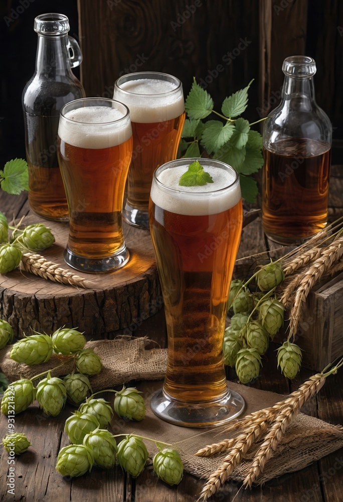 Fresh craft beer served in elegant glasses, surrounded by hops and barley. Perfect for breweries, pubs, or advertising campaigns in the beverage industry. Fresh craft beer served in elegant glasses, surrounded by hops and barley. Perfect for breweries, pubs, or advertising campaigns in the beverage industry.