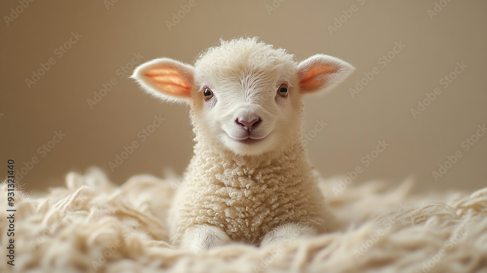A little lamb. Lamb on the straw. Lamb on wool. A lamb in a Santa hat. A little lamb. Lamb on the straw. Lamb on wool. A lamb in a Santa hat.