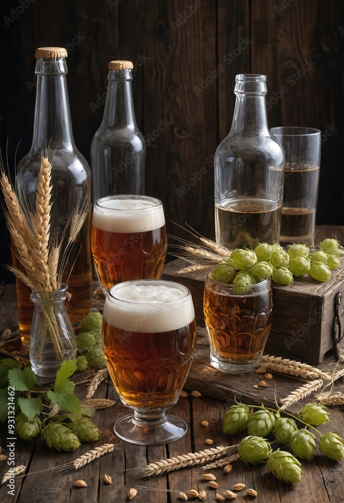 A rustic still life featuring various beer glasses, bottles, hops, and grains, perfect for beverage marketing, brewery promotions, or culinary publications. A rustic still life featuring various beer glasses, bottles, hops, and grains, perfect for beverage marketing, brewery promotions, or culinary publications.