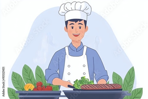 Illustration of a joyful chef in a cartoon kitchen cooking with enthusiasm and spreading culinary cheer photo