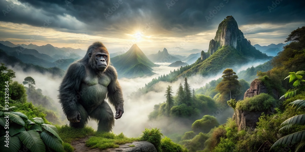 Obraz premium Dramatic misty mountainscape misty valley misty forest misty peaks misty trekking path majestic solitary gorilla misty atmosphere grandeur majestic power