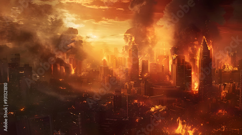 A city engulfed in flames and thick black smoke rises into the sky as buildings burn in a fiery apocalypse. The scene captures the chaos and devastation of a world in ruins.