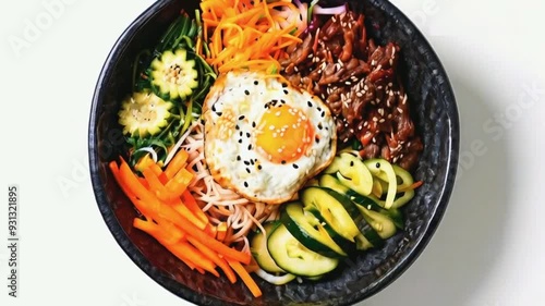 A vibrant and colorful top-down view of a single serving of bibimbap. The bowl overflows with a variety of colorful vegetables, including shredded carrots, cucumbers, and bean sprouts. A perfectly coo photo