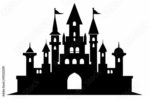 silhouette of a castle with tower and flags. castle icon vector illustration 