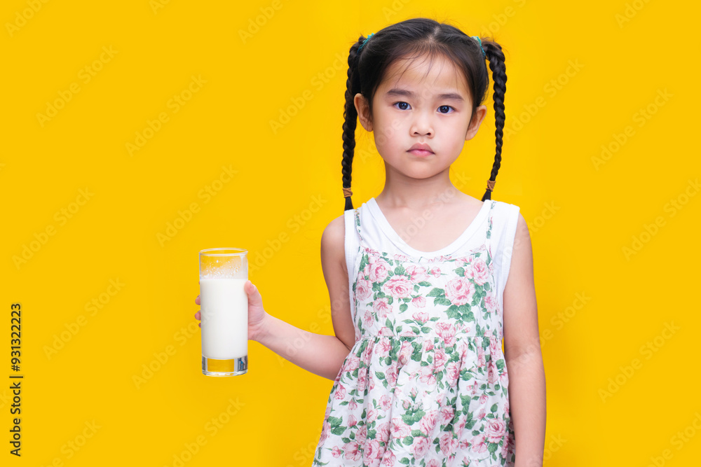 Cute Asian girl with pigtails holding a glass of milk, yellow background