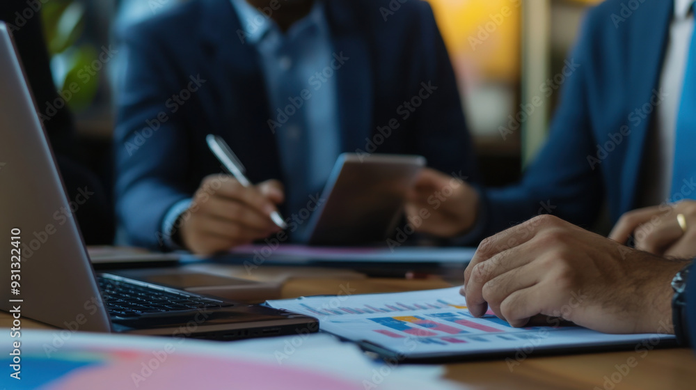 South Asian financial professionals discussing R&D in banking, using a laptop to analyze