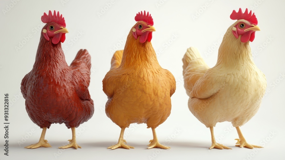 A vibrant collection of three colorful chickens showcasing their distinct colors and textures in a stylish arrangement. A vibrant collection of three colorful chickens showcasing their distinct colors and textures in a stylish arrangement.