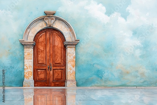 Watercolor Painting of an Old Wooden Door.