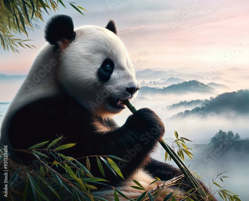 Panda resting and eating bamboo in a protected area. photo