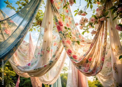 ethereal morning light casting soft pastel hues on delicate floral patterns woven into Kain Makassar fabrics suspended in mid-air like whispers photo