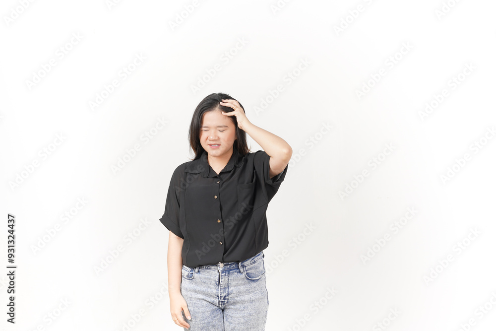 Young Asian woman Suffering Headache wearing Black t-shirt and jeans isolated on white background Young Asian woman Suffering Headache wearing Black t-shirt and jeans isolated on white background