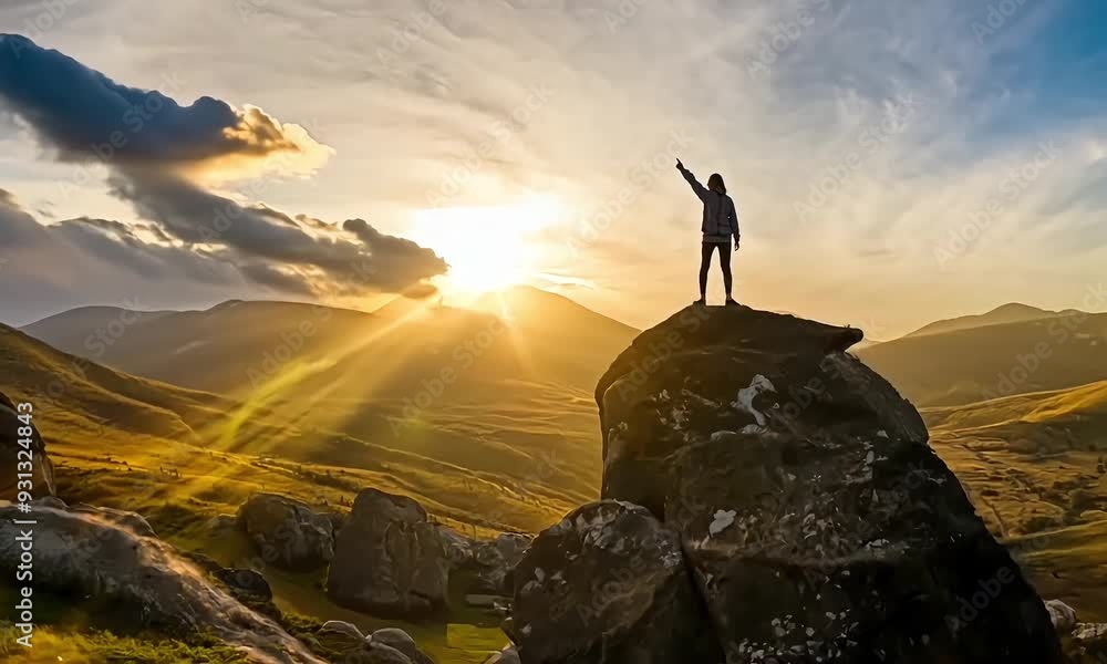 A figure atop a boulder gestures joyfully as the sun sets over rolling ...