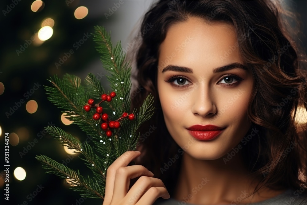 Young beautiful girl with blue eyes and green Christmas decor made from fir branches and red berries. Young beautiful girl with blue eyes and green Christmas decor made from fir branches and red berries.