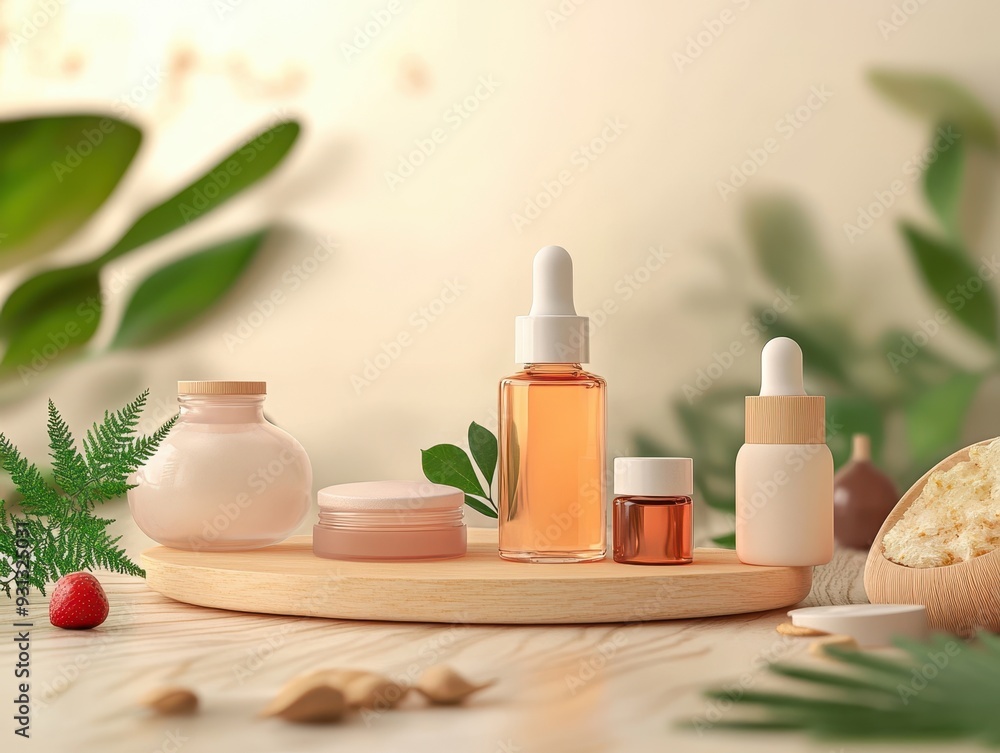 Elegant display of skincare products on a wooden tray with greenery in a serene setting, perfect for beauty and wellness themes. Elegant display of skincare products on a wooden tray with greenery in a serene setting, perfect for beauty and wellness themes.