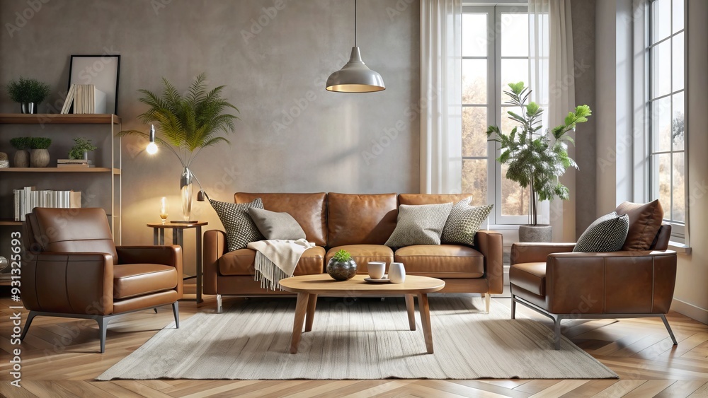 Indulge in a Scandinavian Wood-Leather Fusion, where soft, supple leather meets minimalist Nordic style, exuding cozy sophistication in rich brown and gray tones. Indulge in a Scandinavian Wood-Leather Fusion, where soft, supple leather meets minimalist Nordic style, exuding cozy sophistication in rich brown and gray tones.
