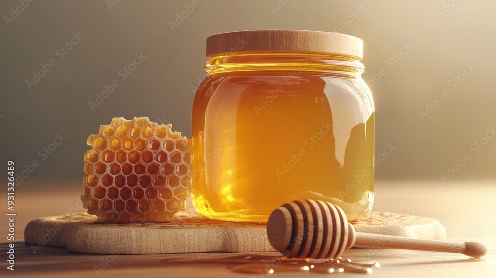 Golden honey in a jar with honeycomb and dipper, capturing the essence of natural sweetness and healthy living. Golden honey in a jar with honeycomb and dipper, capturing the essence of natural sweetness and healthy living.