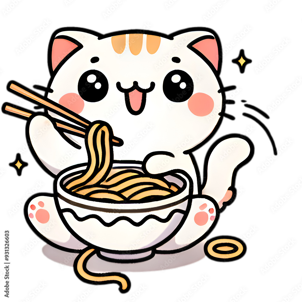 Cute Cat Eating Ramen Illustration In kawaii style Cute Cat Eating Ramen Illustration In kawaii style