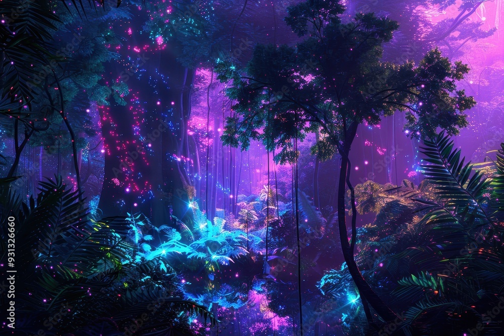 Fototapeta premium A holographic forest, with trees and plants glowing softly in the dark.