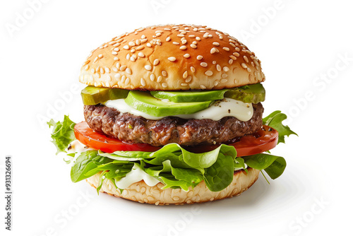 Avocado burger with fresh vegetables on white background