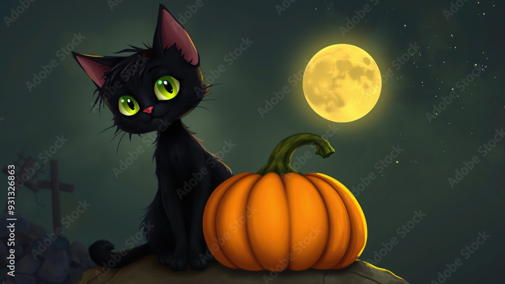 Adorable black cat sitting next to a pumpkin under the full moon. Adorable black cat sitting next to a pumpkin under the full moon.