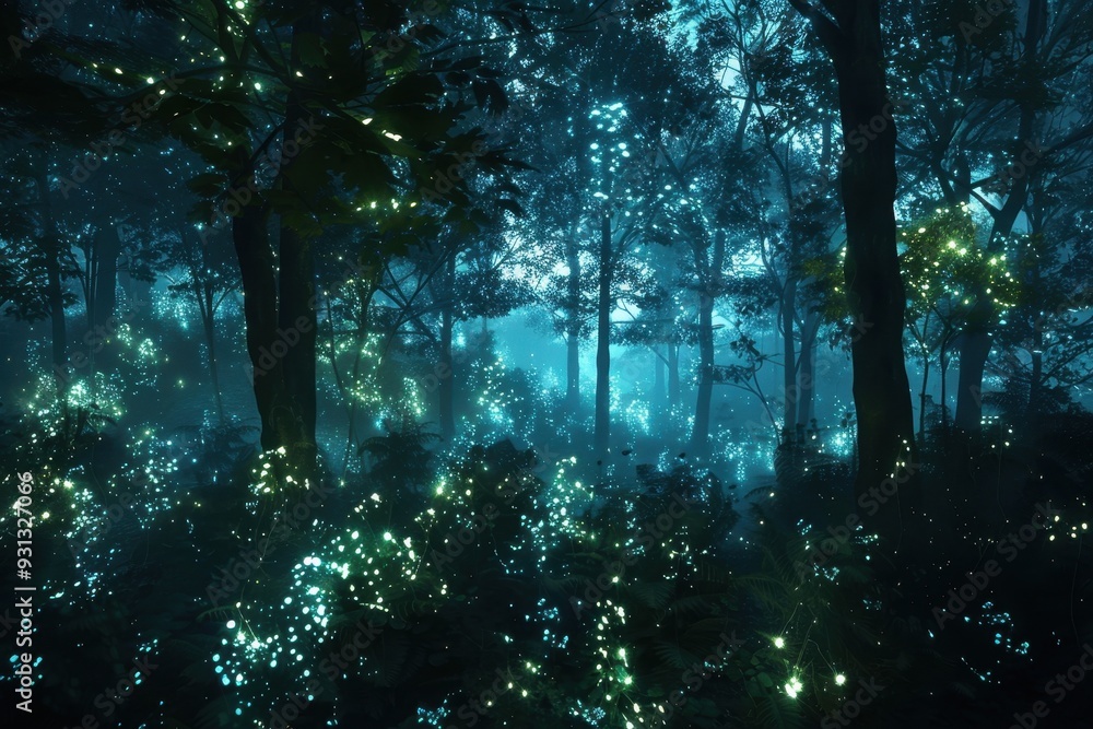 Obraz premium A holographic forest, with trees and plants glowing softly in the dark.