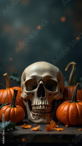 A skull surrounded by small pumpkins and autumn leaves in a spooky Halloween setting