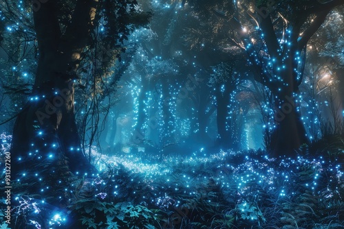A holographic forest, with trees and plants glowing softly in the dark.