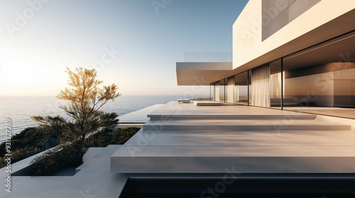 Minimalist luxury living architecture with concrete and glass, overlooking the ocean under a sunny clear sky.
