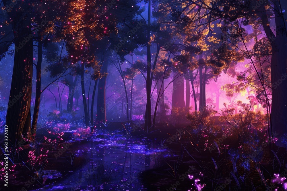 Fototapeta premium A holographic forest, with trees and plants glowing softly in the dark.