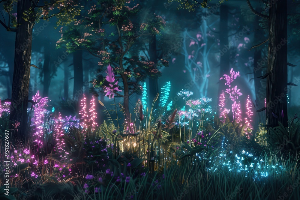 Fototapeta premium A holographic forest, with trees and plants glowing softly in the dark.