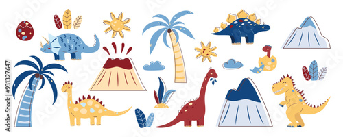Cute Dinosaur Kids Style Set. Collection of dinosaurs and natural objects for design. Blue and yellow shades. Flat vector illustration.