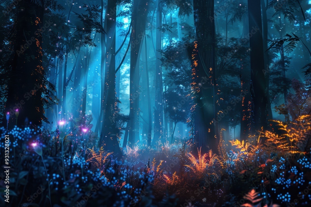 Fototapeta premium A holographic forest, with trees and plants glowing softly in the dark.