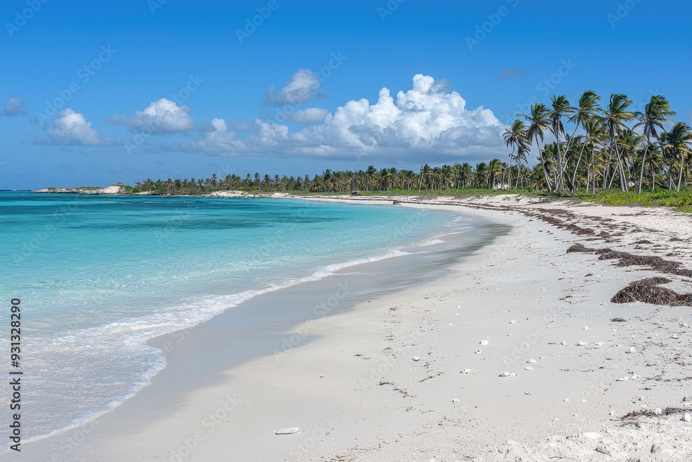 A serene beach scene featuring soft white sand, clear turquoise water, and swaying palm trees under a vibrant blue sky. A serene beach scene featuring soft white sand, clear turquoise water, and swaying palm trees under a vibrant blue sky.