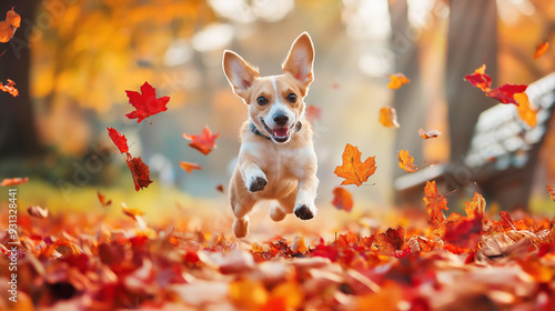 funny dog jumping from pile of autumn leaves in sunny park