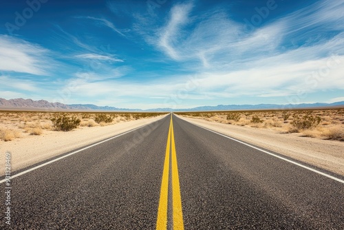 A stunning straight road stretches across a desert landscape under a bright blue sky, inviting adventure and exploration.