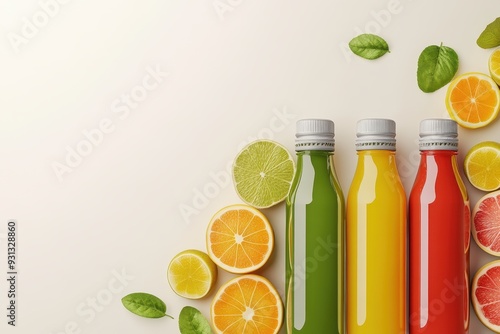 Vibrant fruit juices in bottles alongside fresh citrus slices, perfect for fresh beverage promotions and healthy lifestyle themes. photo