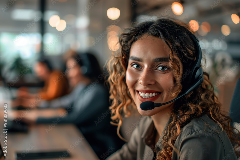Close up portrait of call center agent working in a professional setting. She is wearing a headset and sitting at her workstation, ready to answer calls and assist customers with their inquiries. Close up portrait of call center agent working in a professional setting. She is wearing a headset and sitting at her workstation, ready to answer calls and assist customers with their inquiries.