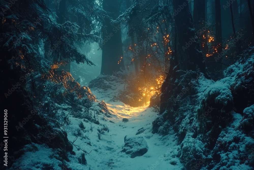 Mysterious forest path illuminated by a warm glow amidst snow-covered trees, creating an enchanting winter scene. Mysterious forest path illuminated by a warm glow amidst snow-covered trees, creating an enchanting winter scene.