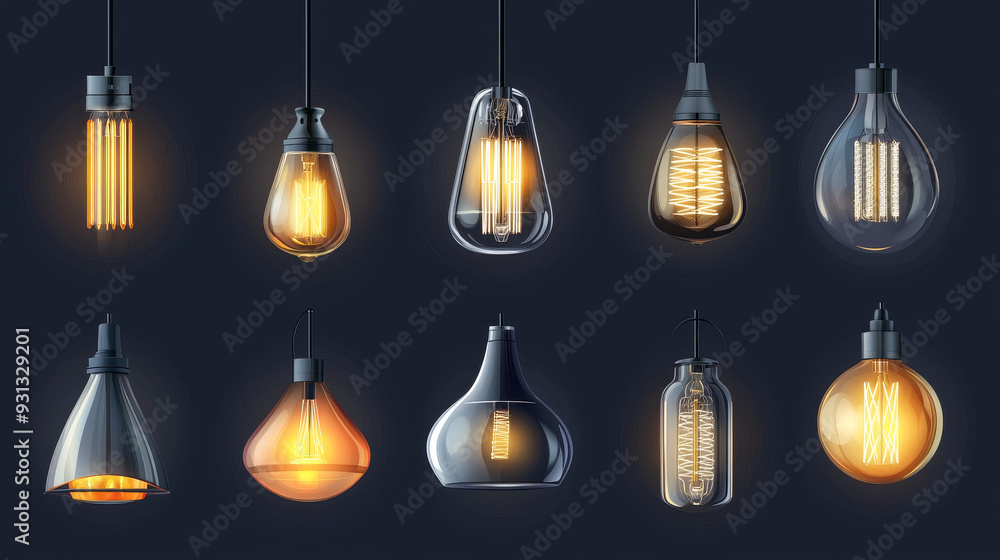 This vector illustration showcases a range of lamp lights and chandelier bulbs, from modern LED designs to vintage retro styles. Featuring realistic details and various materials such as glass, metal This vector illustration showcases a range of lamp lights and chandelier bulbs, from modern LED designs to vintage retro styles. Featuring realistic details and various materials such as glass, metal