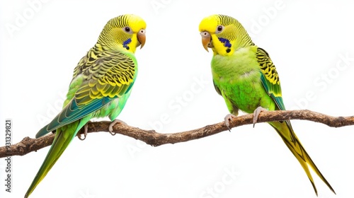 Two green parakeets on a branch isolated on white background