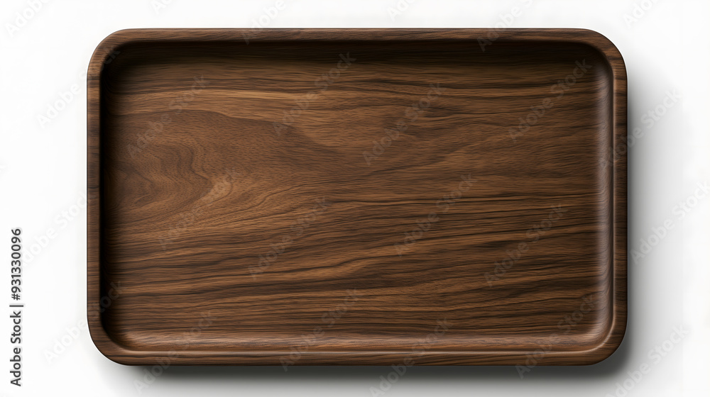 Top View of a Blank Wooden Serving Tray in Dark Walnut Wood with a Matte Finish. Featuring Soft, Warm Lighting and Subtle Shadows Against a White Background, Showcasing a Clean and Modern Design with Top View of a Blank Wooden Serving Tray in Dark Walnut Wood with a Matte Finish. Featuring Soft, Warm Lighting and Subtle Shadows Against a White Background, Showcasing a Clean and Modern Design with