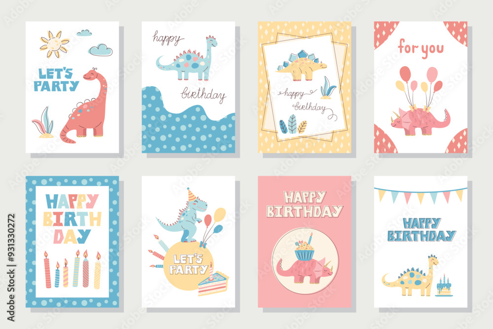 Obraz premium Collection of cute dinosaur cards. Happy Birthday cards and greetings. Hand drawn in pastel colors. Vector illustration.