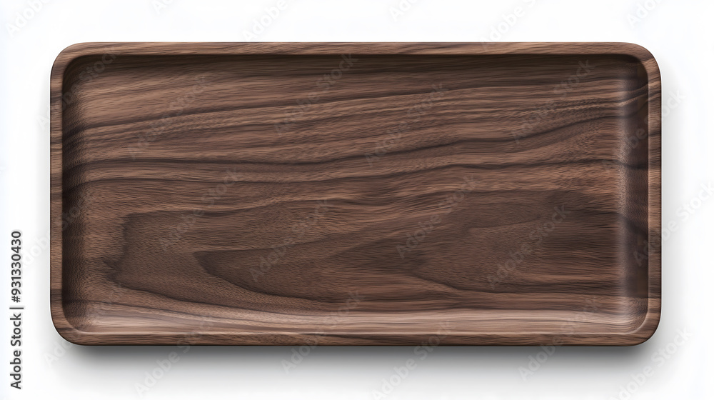 Top View of a Blank Wooden Serving Tray in Dark Walnut Wood with a Matte Finish. Featuring Soft, Warm Lighting and Subtle Shadows Against a White Background, Showcasing a Clean and Modern Design with Top View of a Blank Wooden Serving Tray in Dark Walnut Wood with a Matte Finish. Featuring Soft, Warm Lighting and Subtle Shadows Against a White Background, Showcasing a Clean and Modern Design with