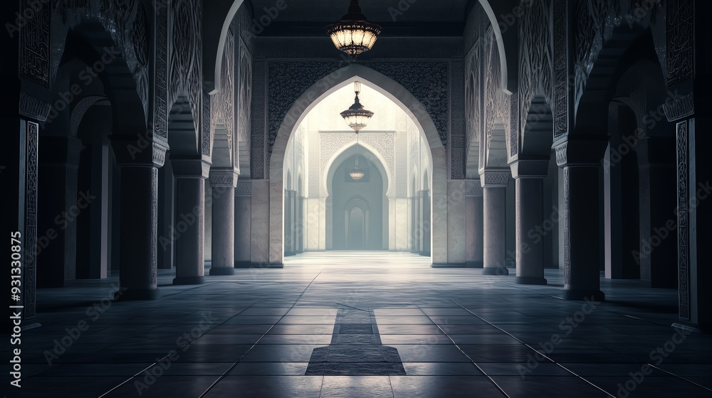 Fototapeta premium The interior mosque with the arches in dark tones.