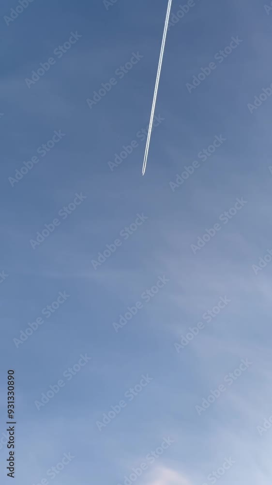 Jet aircraft plane with a bright white contrail as it flies across a blue sky. A view from below of an airplane flying in the blue sky. Good background for graphics or travel video. Jet aircraft plane with a bright white contrail as it flies across a blue sky. A view from below of an airplane flying in the blue sky. Good background for graphics or travel video.