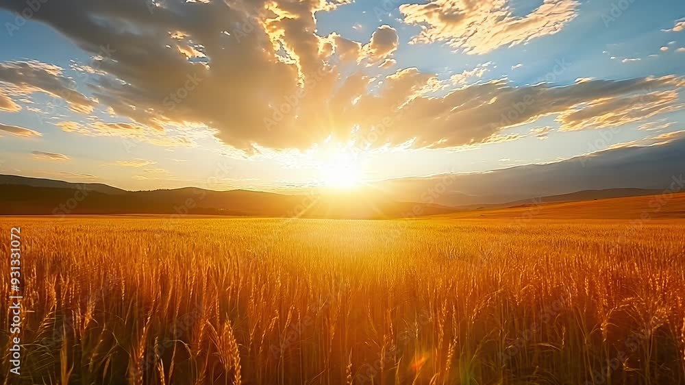 A serene landscape showing a golden wheat field illuminated by the rising sun, with vibrant clouds against a blue sky. A serene landscape showing a golden wheat field illuminated by the rising sun, with vibrant clouds against a blue sky.