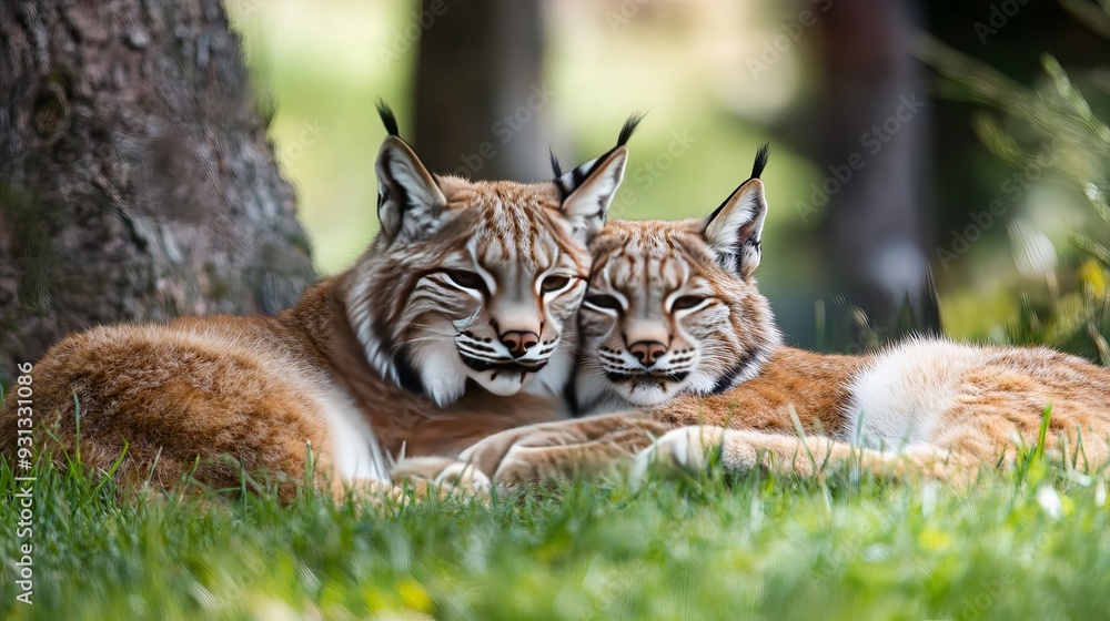 A pair of lynxes lying cozily together, partially hidden in the tall grass. A pair of lynxes lying cozily together, partially hidden in the tall grass.