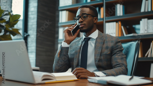 Stylish office environment, businessman phone