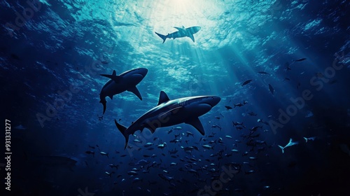 Underwater scene featuring sharks swimming in rays of light.